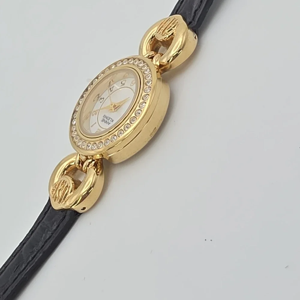 Vtg ANNE KLEIN II Ladie's Watch Women's Crystal Studded Gold Plate Leather 7.25